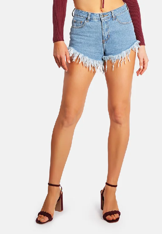 Trendy Women's Wear Frayed Hem Embellished Denim Shorts By RUW