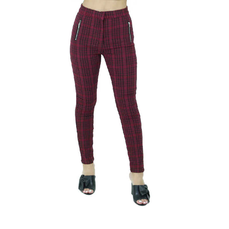 Women Wear Brands Women's Plaid Stretchy Pant,Burgundy