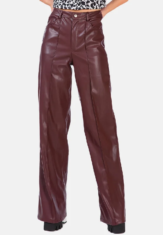 Stylish Savings Faux Leather Seam Detail Wide Leg Trousers