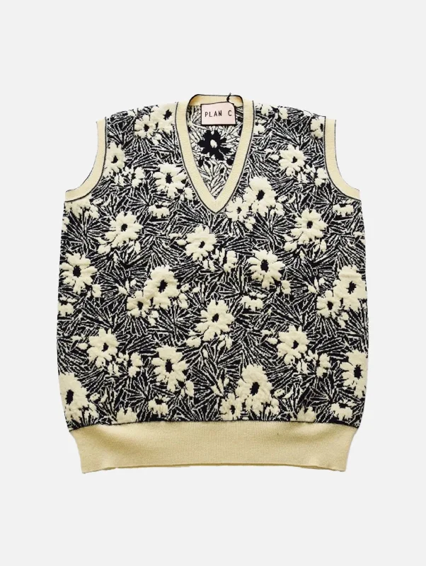 Wardrobe Update V Neck Floral Knit Vest in Yellow Jacquard