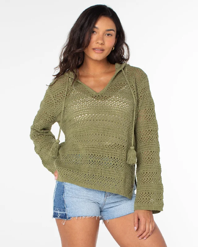 Luxury Fashion Hippie Love Open Knit Hooded Sweater - Oil Green