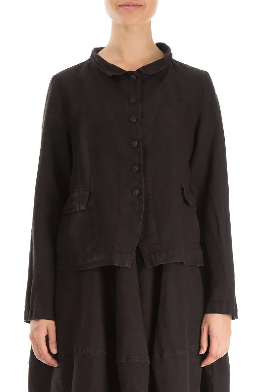 Trendy Threads Evergreen Buttoned Black Linen Jacket