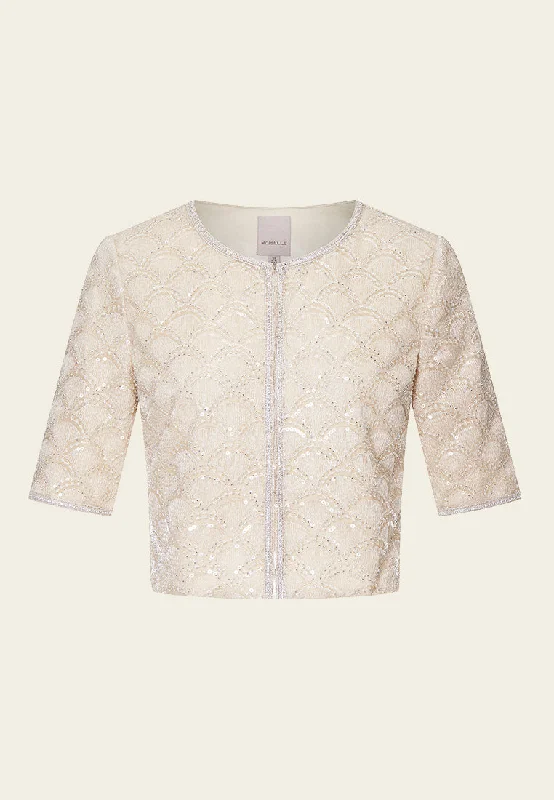 Flash Discount Beige Embroidered Mesh Mid-sleeves Crop Jacket