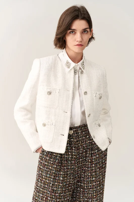 Premium Fashion Sequin Detail Patch-pocket Tweed Jacket