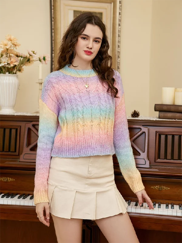 Classic Women's Fashion Rainbow Color Cable-Knit Dropped Shoulder Knit Top