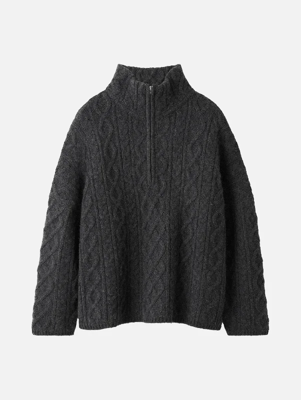 Relaxed Style Chunky Cable Knit Zip in Charcoal