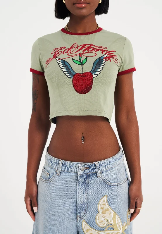 Chic & Cozy Apparel Womens Cherry Love Bomb Diamante Baby Tshirt Top - Green