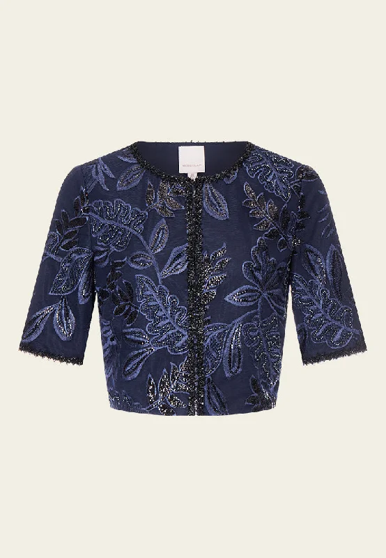 Bundle Offer Dark Blue Embroidered Mesh Mid-sleeves Crop Jacket