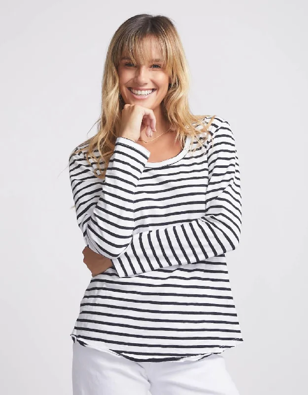 Glamorous Evening Wear Original Round Neck Long Sleeve T-Shirt - Black/White Stripe