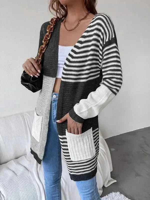 Cutting Edge Fashion Striped Patchwork Women Cardigan Sweater