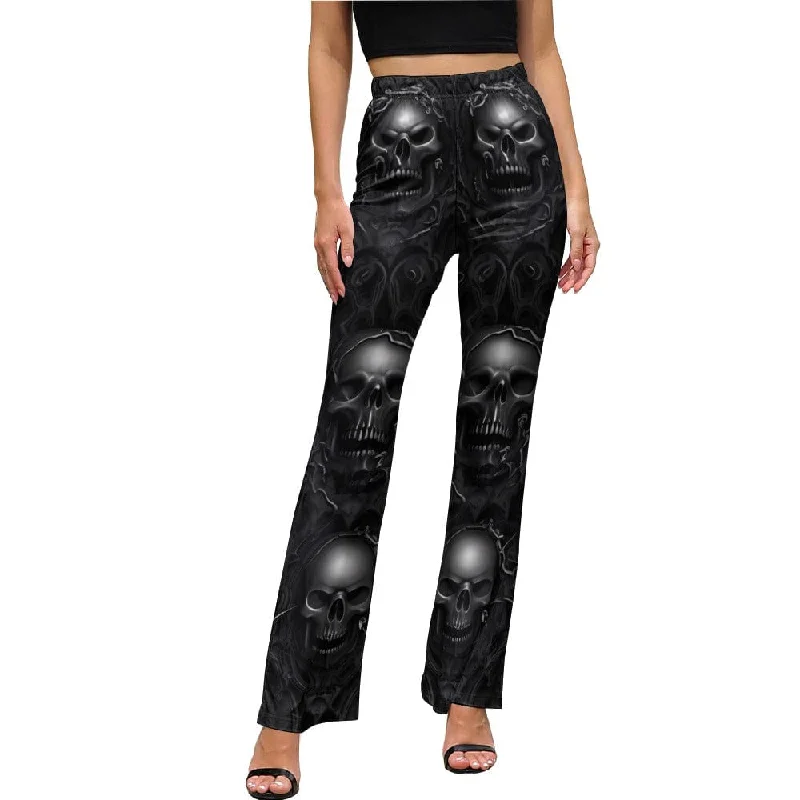 Street Style Fashion Women's Black Skulls Elastic Waist Flared Pants