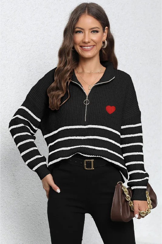 Casual Fashion Striped Zip-Up Long Sleeve Ribbed Sweater