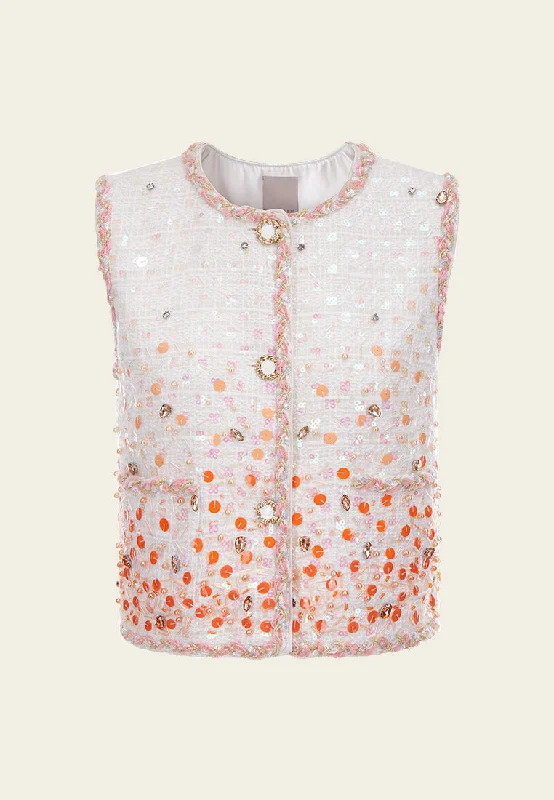 Edgy Fashion White Beaded Sequin Tweed Vest