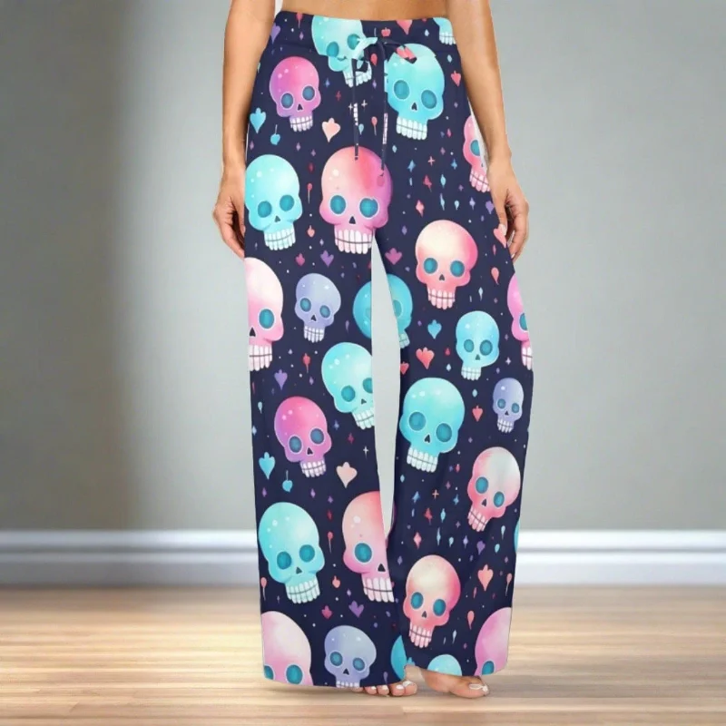 Limited Time Offer Colorful Skulls On Blue Background Wide Leg Pants