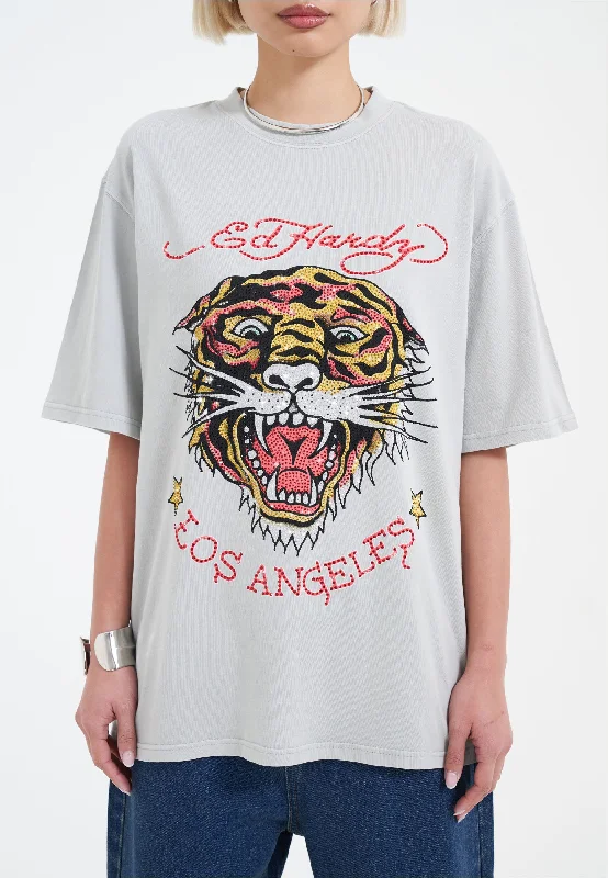 Current Trends Womens La Tiger Vintage Diamante Tshirt - Grey