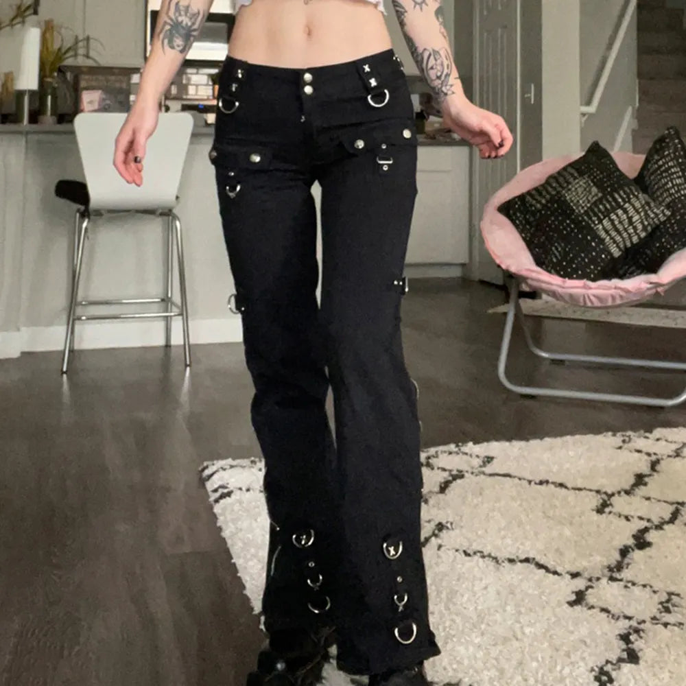 Fashion Forward Women's Gothic Punk Black Cargo Jeans