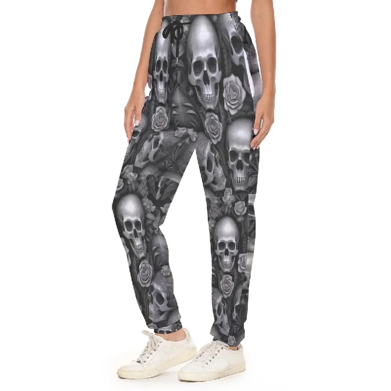 Fashion Deal Add A Touch of Edgy And Feminine Style With Our Gray Skulls And Flowers Pants For Women