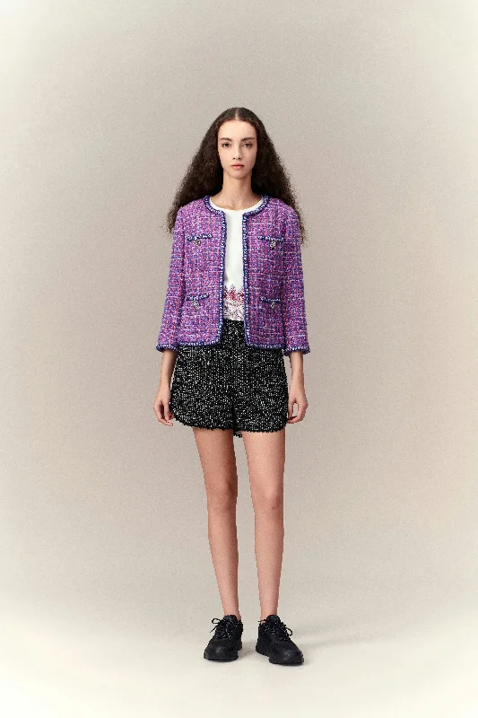 Casual Fashion Primary Color Illusion Chunky Woven Tweed Jacket