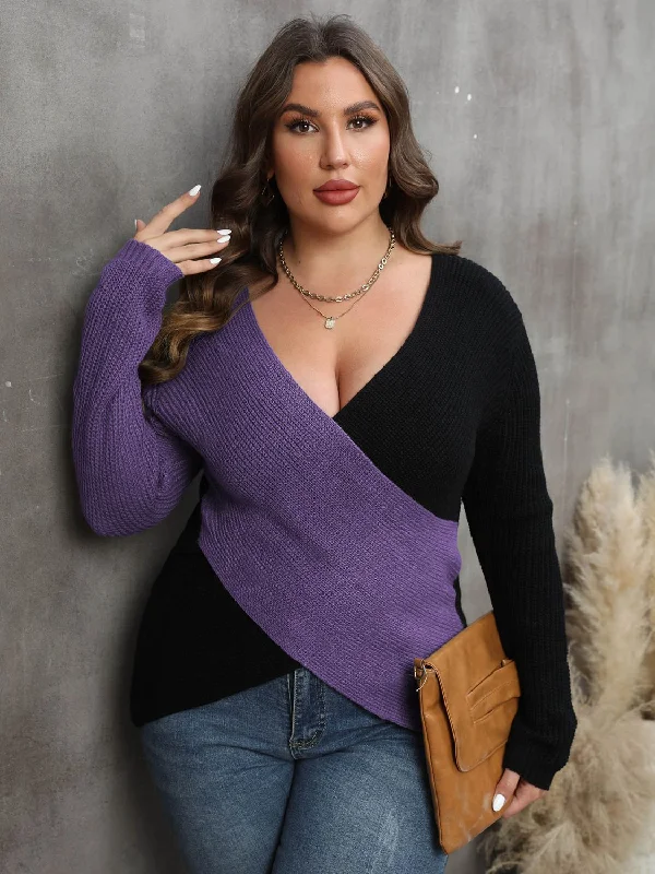 New Season Fashion Preview Plus Size Two-Tone Surplice Neck Sweater