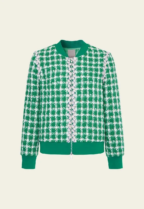 Clearance Sale Emerald Green Check Tweed Bomber Jacket