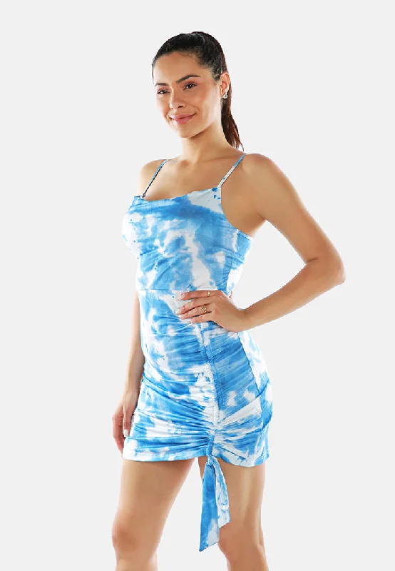 Trendy Fashion For Women Blue Tie Dye Bodycon Ruched Slip Dress