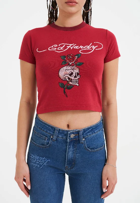 Hot Styles Womens Skull Rose Diamante Baby T-Shirt Top - Red