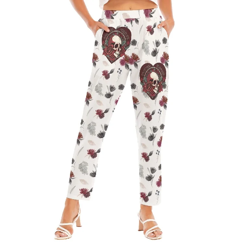 Relaxed Style Women's Skull Heart Red Roses Loose Straight-leg Pants