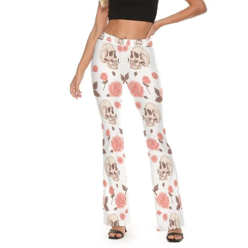 End Of Season Sale Women's Skulls And Pink Roses Flare Pants - Passionately and Boldly Designed!