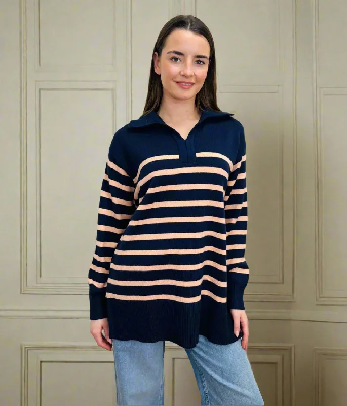 Chic Outfits Navy & Pink Stripe Collared Jumper