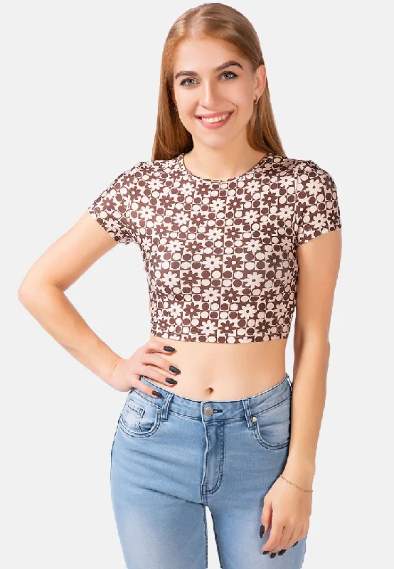 Comfortable Clothes Printed Brown Knitted Crop Top