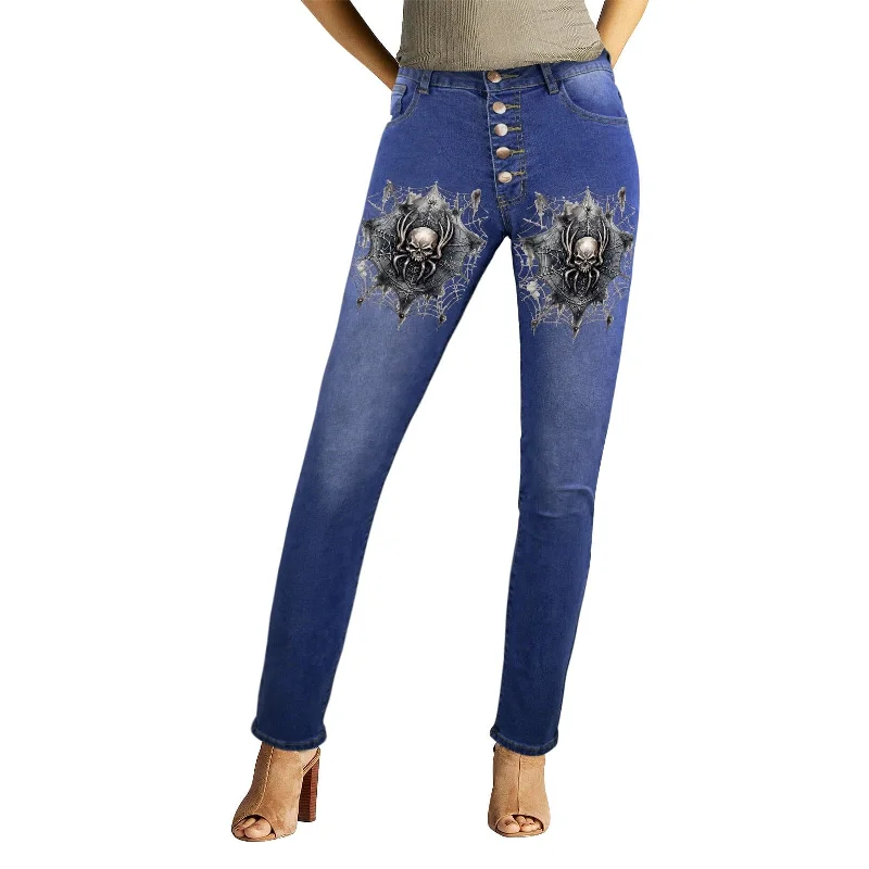 Hot Styles Women's Spider Skull Button Closure Jeans