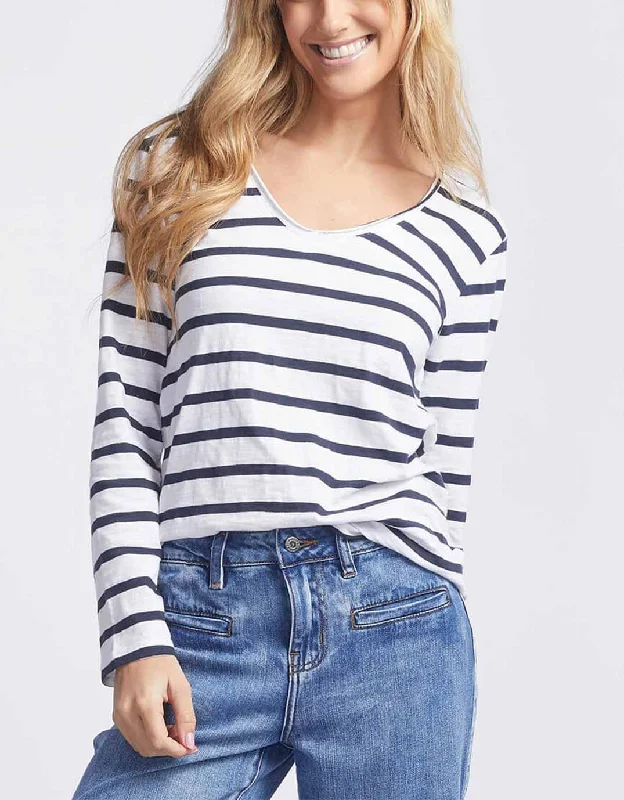 Trendy Fashion For Women Original V-Neck Long Sleeve T-Shirt - Navy/White Stripe