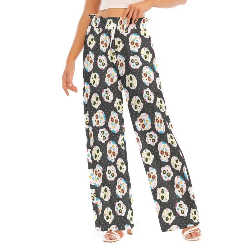 Chic Outfits Women's Skulls Waist Ruffle Edge Wide-leg Pants