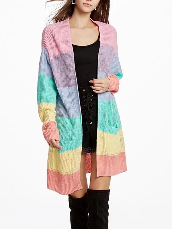 Earthy Tones Long Rainbow Color Loose Women Cardigan Sweater