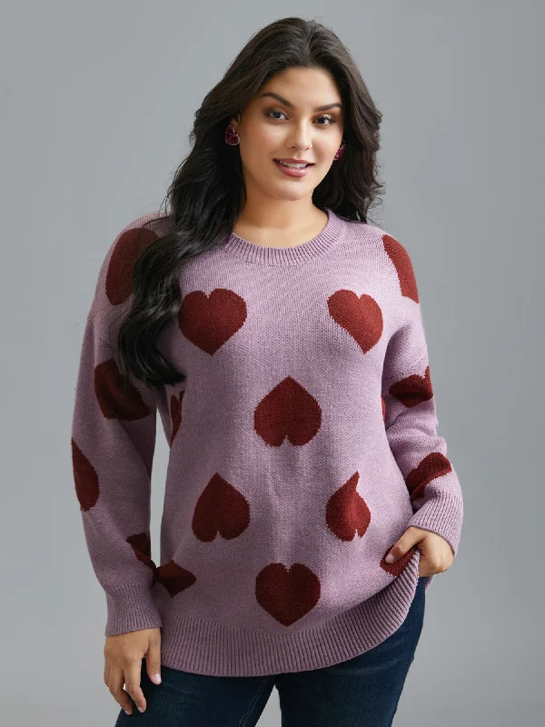 Additional Time-Limited Offers Round Neck Contrast Heart Jacquard Pullover