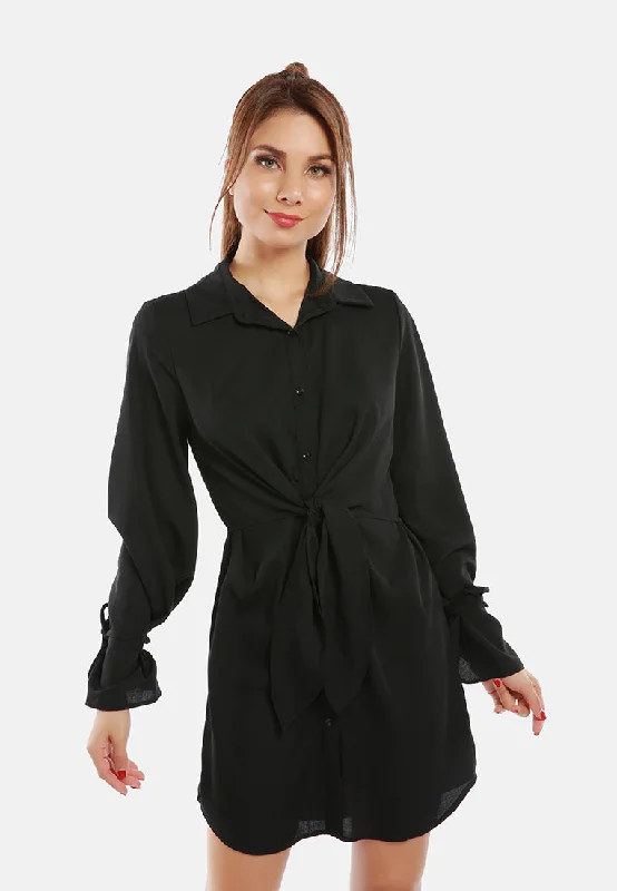 City Fashion Solid Black Cut Out Mini Shirt Dress