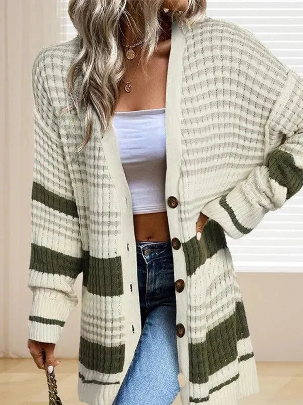 City Fashion Mid-Length Striped Women Cardigan Sweater