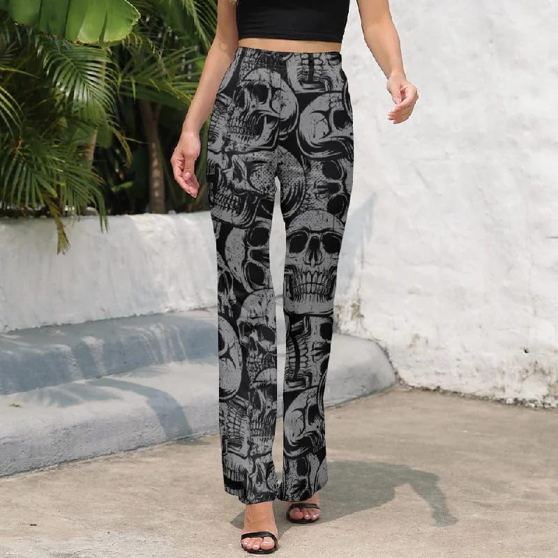 Edgy Fashion Women's Black Skulls Casual Flared Pants