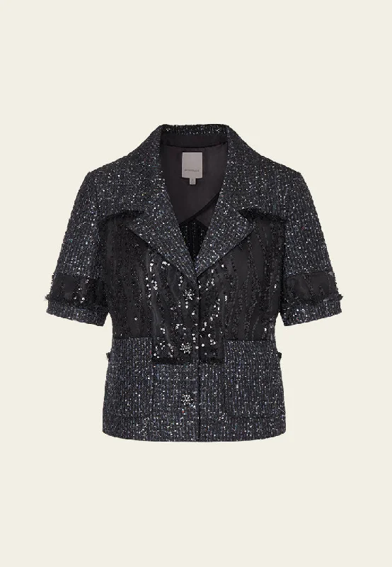 Business Casual Outfits Black Shimmer Short Sleeves Tweed Jacket