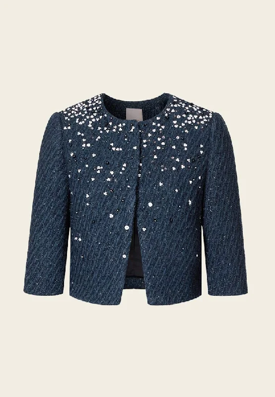 Exclusive Online Sale Dark Blue Rhinestone Lurex Tweed Cropped Jacket