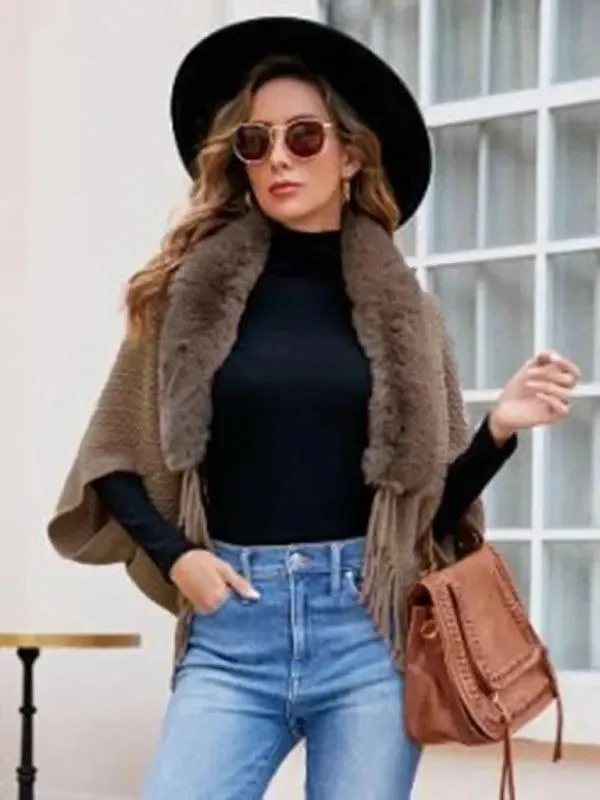 Style Your Wardrobe Fur Collar Knitted Tassel  Women Cardigan Sweater