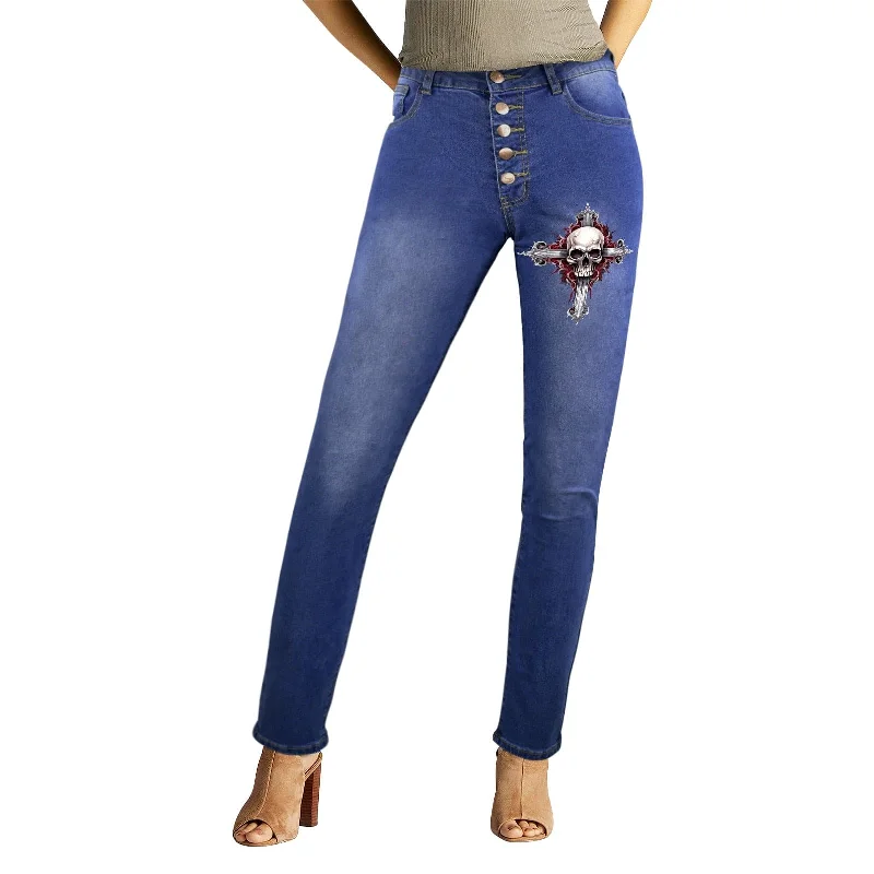 Seasonal Sale Women's Skull Cross Button Fly Jeans