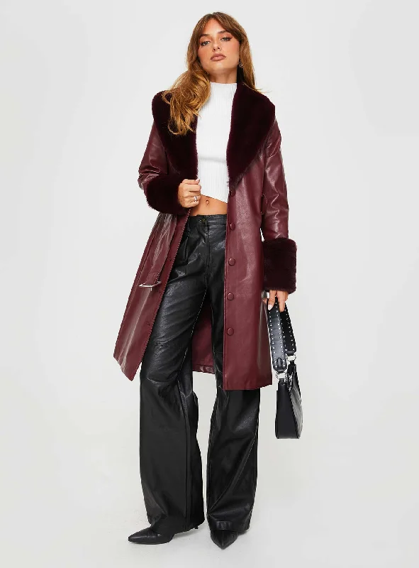 Wardrobe Essentials Brooklyn Faux Leather Longline Coat Burgundy