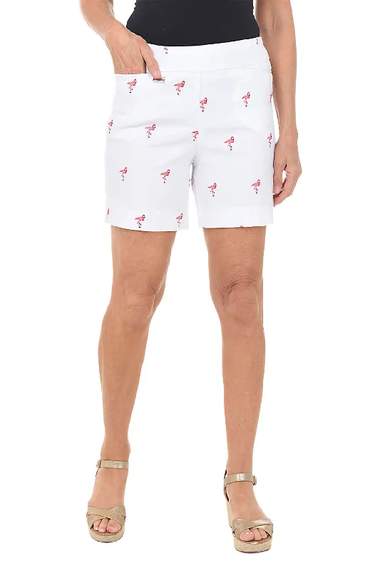 Chic Style Embroidered Flamingoes Pull-On Stretch Short