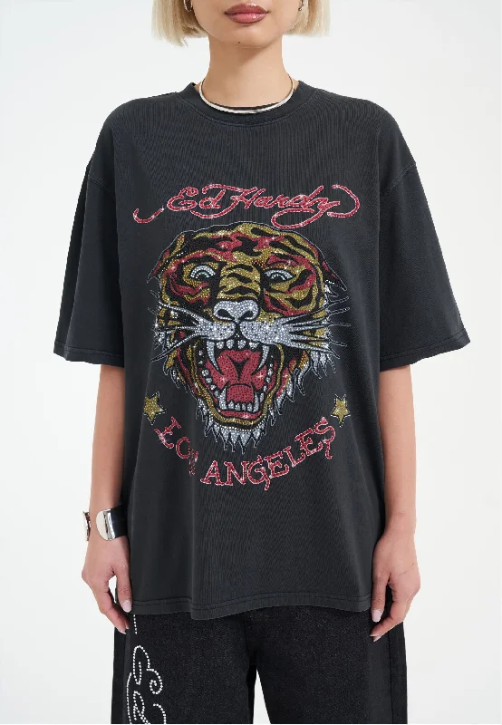 Chic And Comfortable Womens La Tiger Vintage Diamante Tshirt - Black