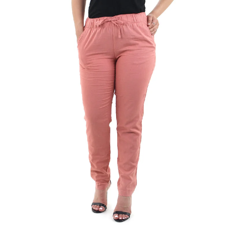 Online Boutiques Best Women's Elastic Waist Casual Linen Pant,Pink