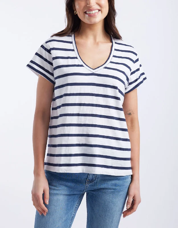 Clothes Of Woman Turn Back V Neck T-Shirt - White/Navy Stripe