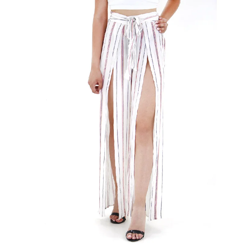 Chic And Comfortable Women's Tie Waist  Wide Leg Trousers With Long Splites,White