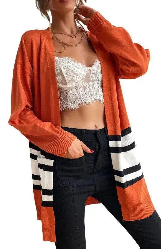 Elegant Clothing Contrast Stitching Women Cardigan Sweater