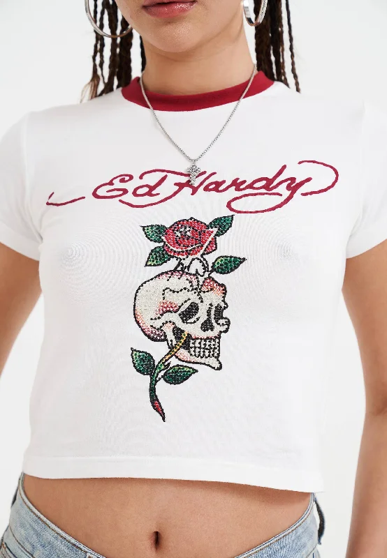 Fashion For Every Occasion Womens Skull Rose Diamante Baby T-Shirt Top - White